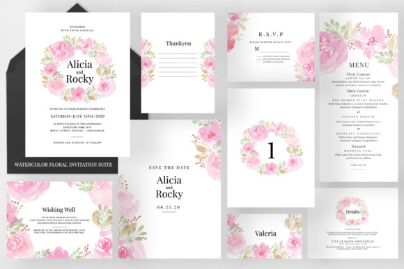 Soft Watercolor Floral Wedding Suite Print Templates